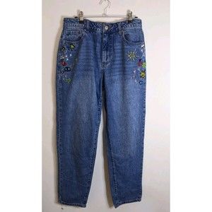 Women's Forever 21 Embroidered Jeans Sz 27 Lt Wash Straight Leg